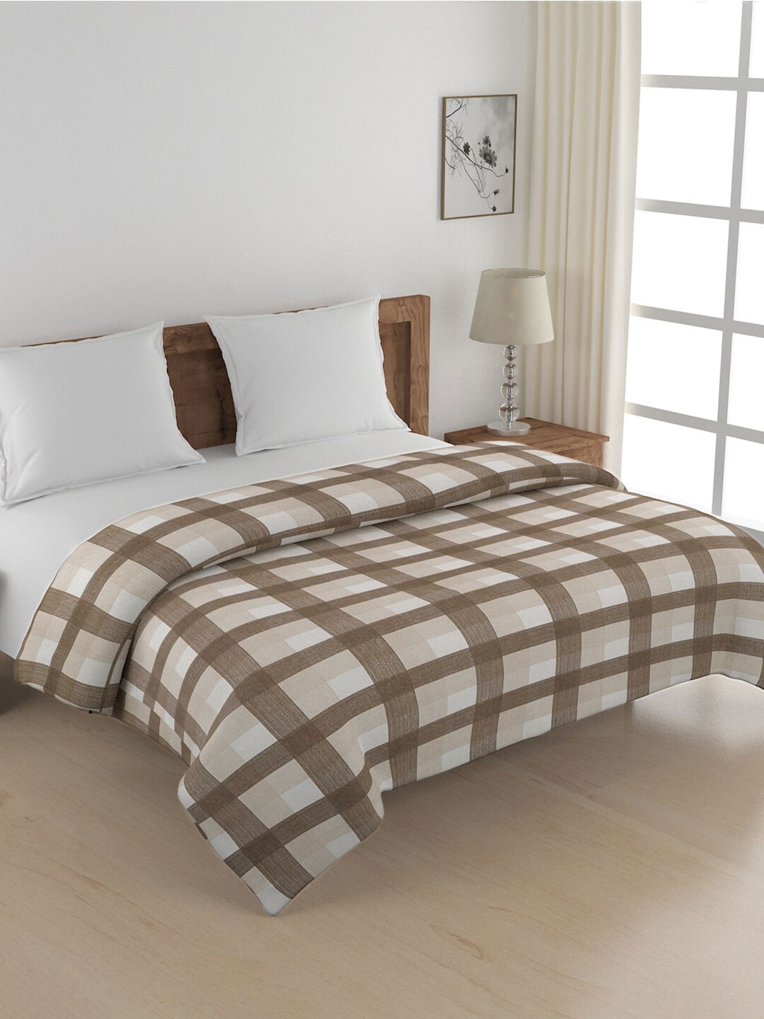 SWAYAM Brown & Off White Checked AC Room 150 GSM Cotton Double Bed Comforter