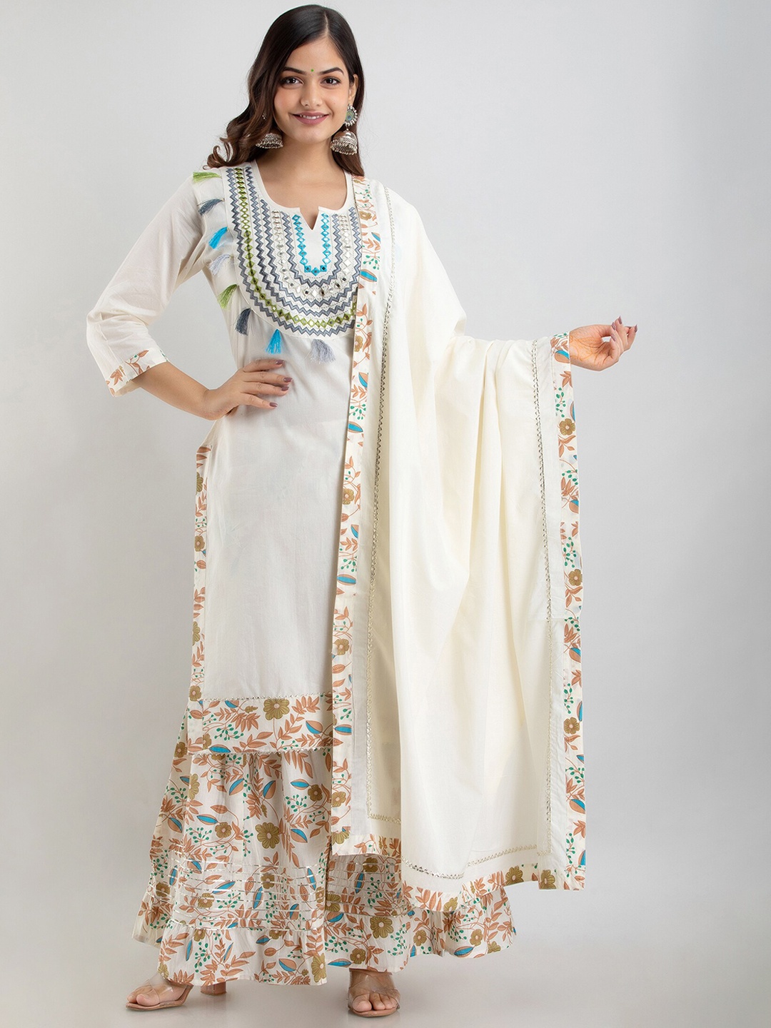 OMASK Women Embroidered Gotta Patti Pure Cotton Kurta with Sharara & Dupatta, Off white
OMASK Women Embroidered Gotta Patti Pure Cotton Kurta with Sharara & Dupatta, Off white