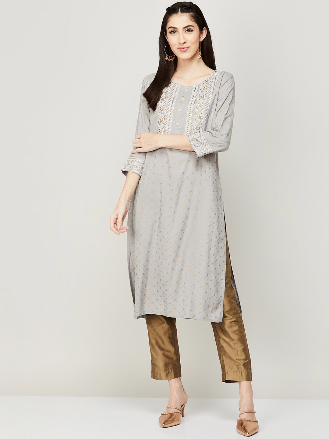 Melange by Lifestyle Women Floral Yoke Design Kurta, Grey