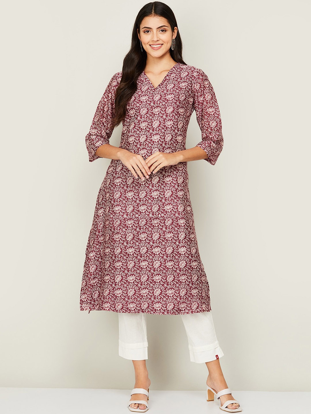 Melange by Lifestyle Women Ethnic Motifs Printed Pure Cotton Kurta, Purple