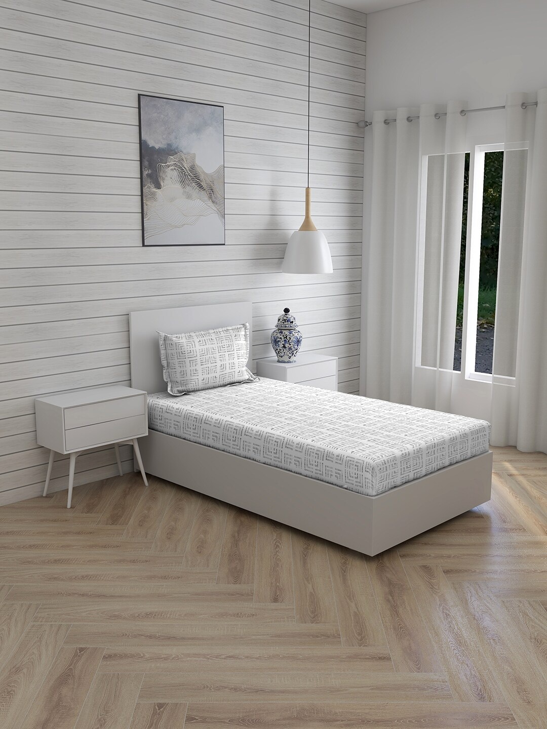 Boutique Living India Grey Geometric 150 TC Cotton Single Bedsheet with 1 Pillow Covers, White
Boutique Living India Grey Geometric 150 TC Cotton Single Bedsheet with 1 Pillow Covers, White