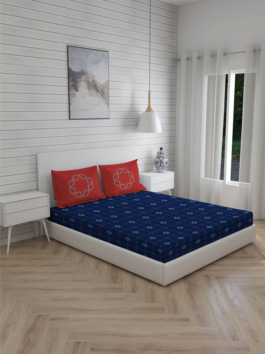 Boutique Living India Blue Geometric 300 TC Cotton Super King Bedsheet & 2 Pillow Covers, Navy blue
Boutique Living India Blue Geometric 300 TC Cotton Super King Bedsheet & 2 Pillow Covers, Navy blue