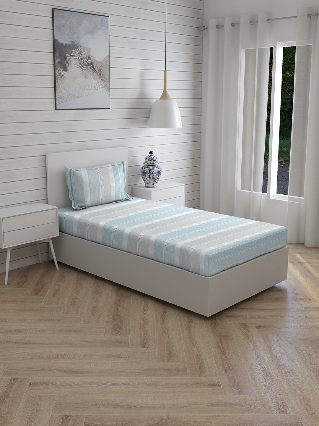 Boutique Living India Blue Striped 220 TC Single Bedsheet with 1 Pillow Cover
