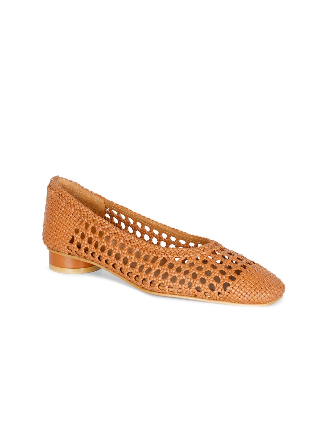 Saint G Tan Leather Block Pumps with Laser Cuts