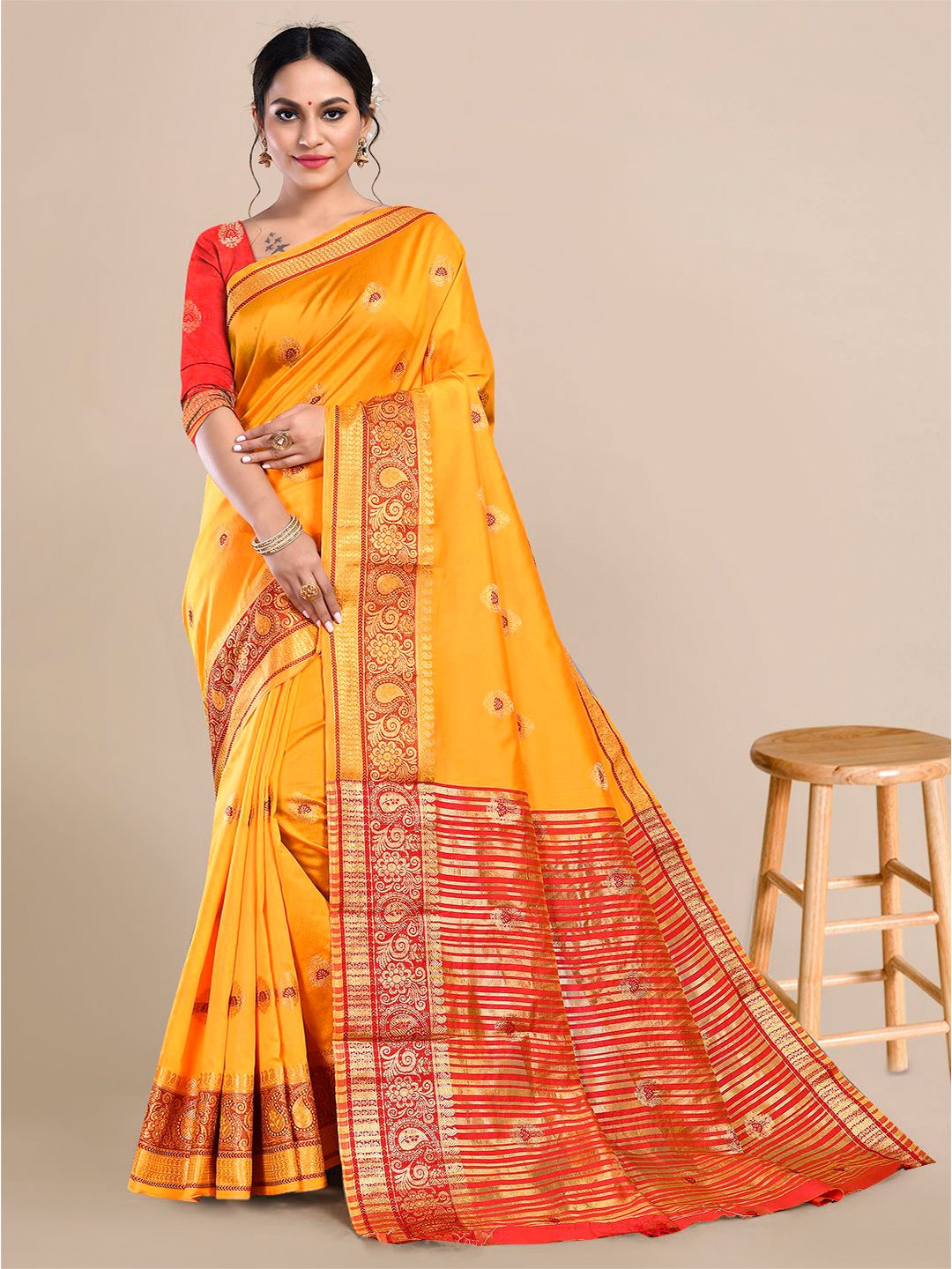 Mitera Woven Design Zari Silk Blend Saree, Yellow