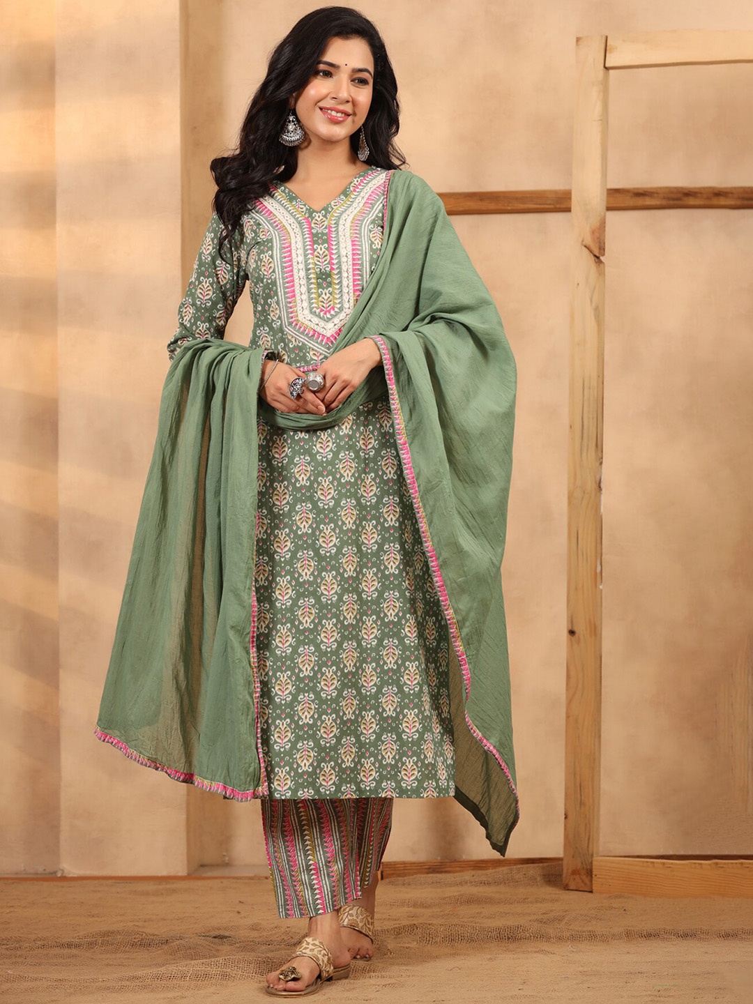 Rain & Rainbow Women Ethnic Motifs Printed Pure Cotton Kurta with Trousers & Dupatta, Green
Rain & Rainbow Women Ethnic Motifs Printed Pure Cotton Kurta with Trousers & Dupatta, Green