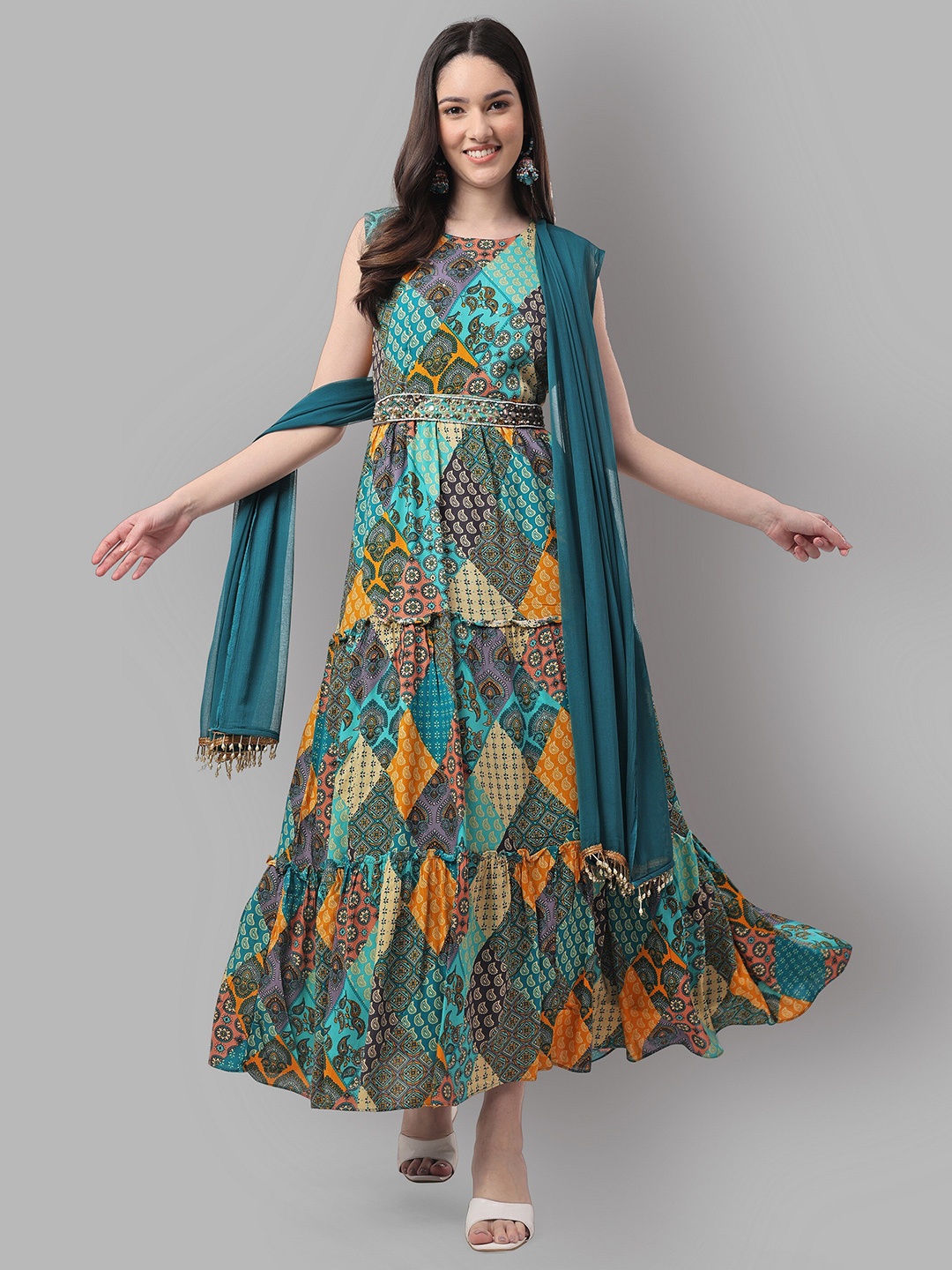ASPORA Conversational Printed Belted Maxi Fit & Flare Ethnic Dress With Dupatta, Teal
ASPORA Conversational Printed Belted Maxi Fit & Flare Ethnic Dress With Dupatta, Teal