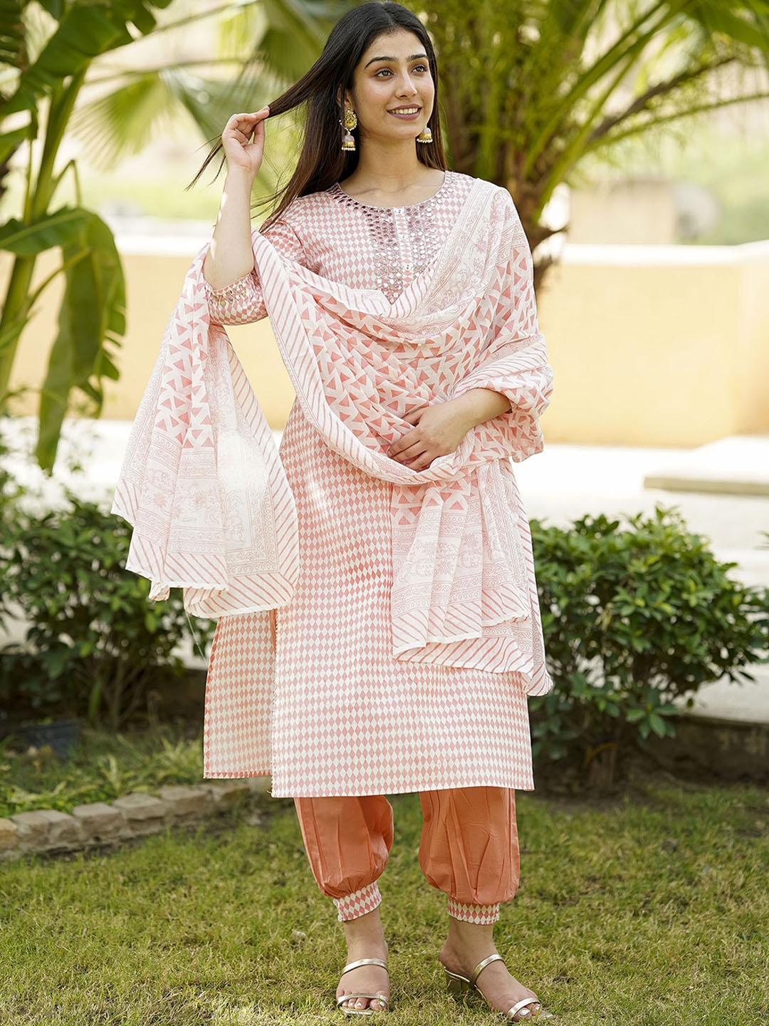 KAMODINEE Women Printed Mirror Work Pure Cotton Kurta With Trousers & Dupatta, Peach
KAMODINEE Women Printed Mirror Work Pure Cotton Kurta With Trousers & Dupatta, Peach