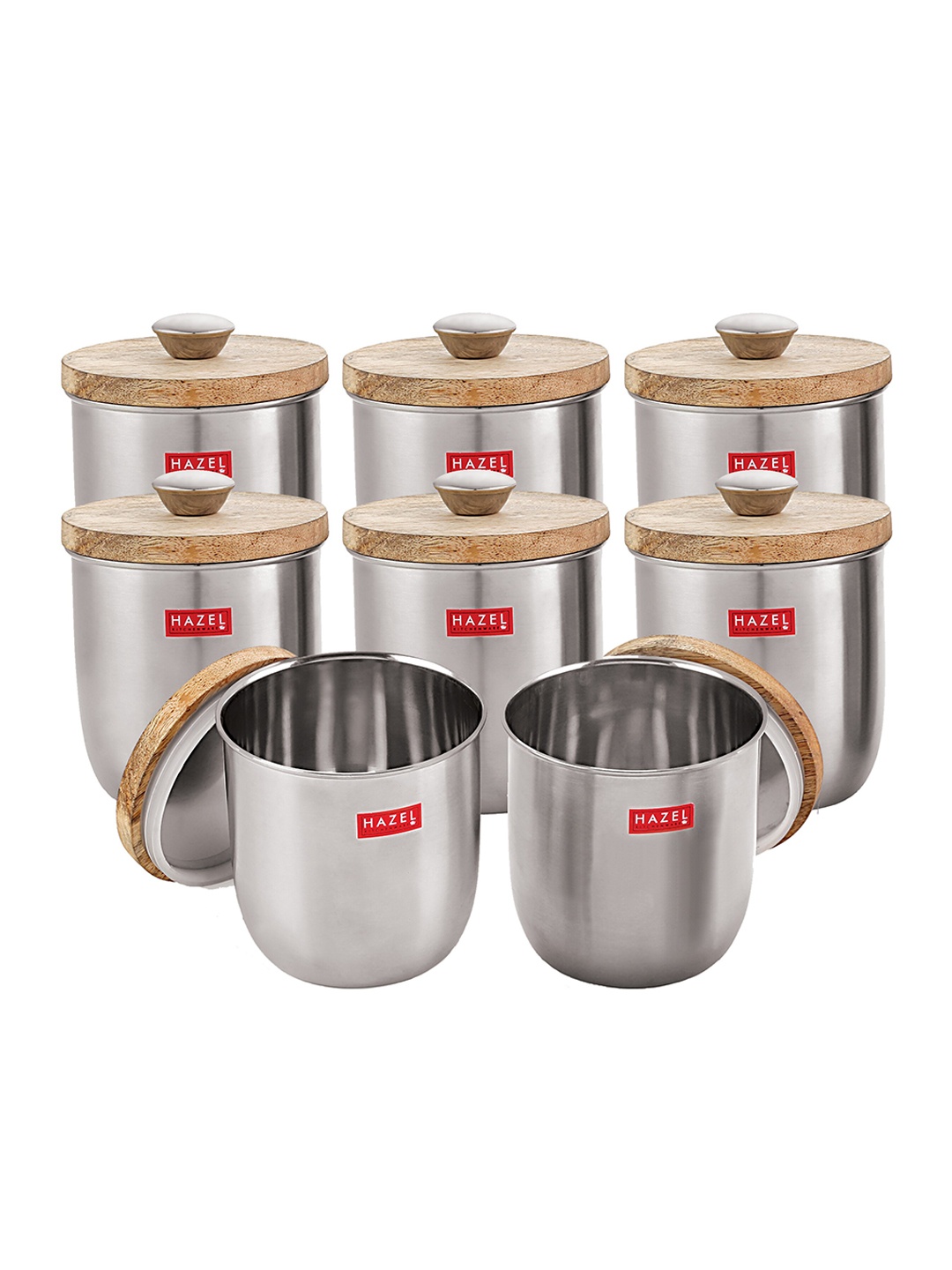 HAZEL Set Of 8 Round Stainless Steel Canisters With Wooden Lid & Knob 1.325 litre Each, Silver
HAZEL Set Of 8 Round Stainless Steel Canisters With Wooden Lid & Knob 1.325 litre Each, Silver
