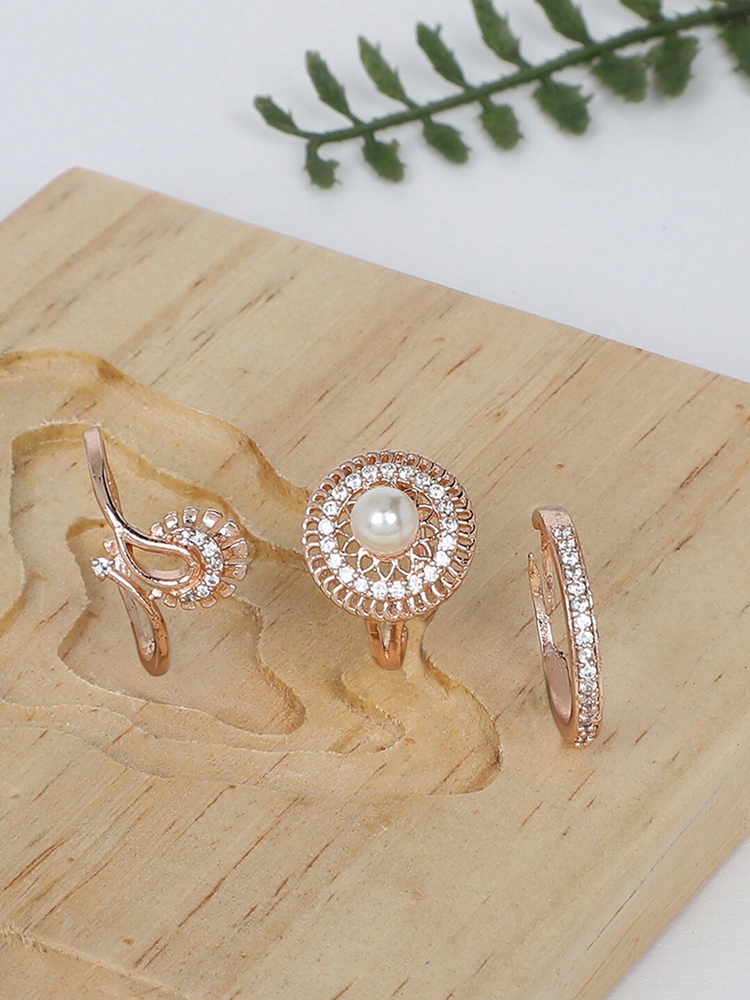 AMI Women Set Of 3 Rose Gold-Plated CZ -Studded & Pearl Beaded Adjustable Finger Rings, White
AMI Women Set Of 3 Rose Gold-Plated CZ -Studded & Pearl Beaded Adjustable Finger Rings, White