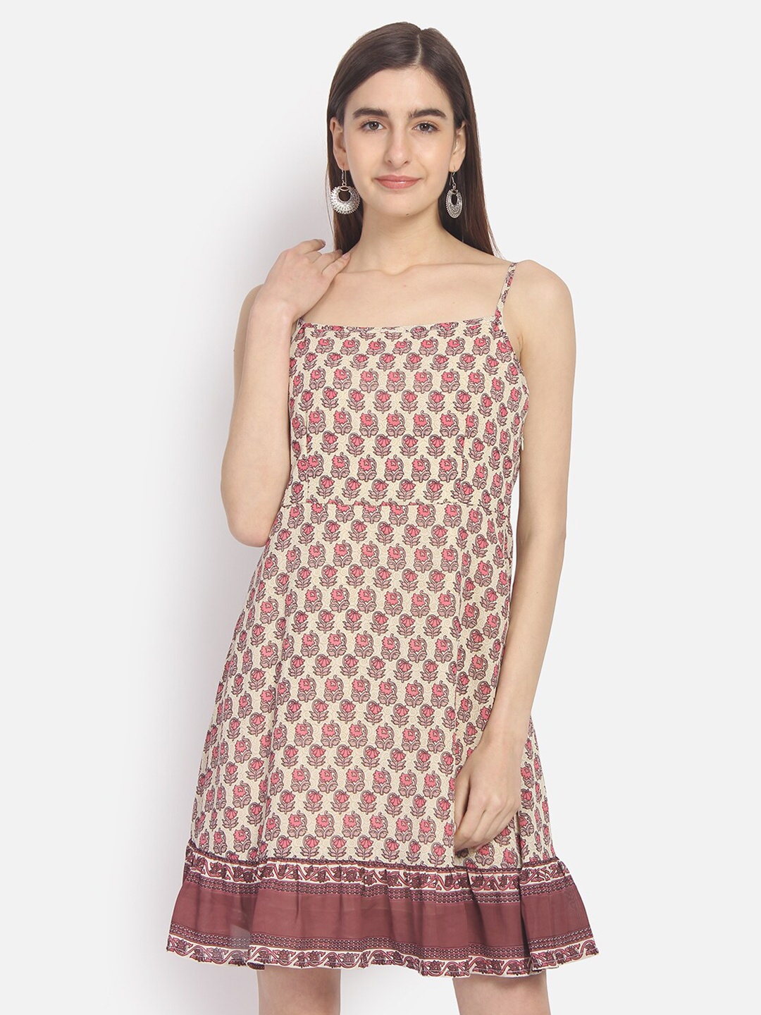 Yaadleen Ethnic Motifs Crepe Dress, Beige
