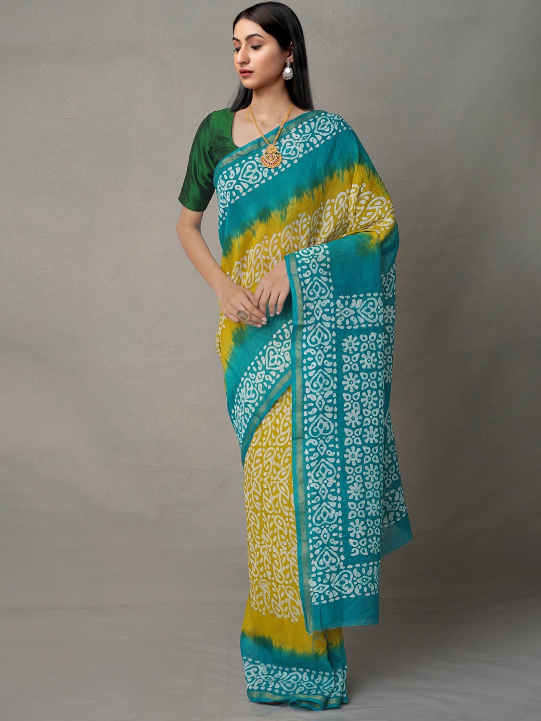 Unnati Silks Batik Pure Cotton Kota Saree, Green