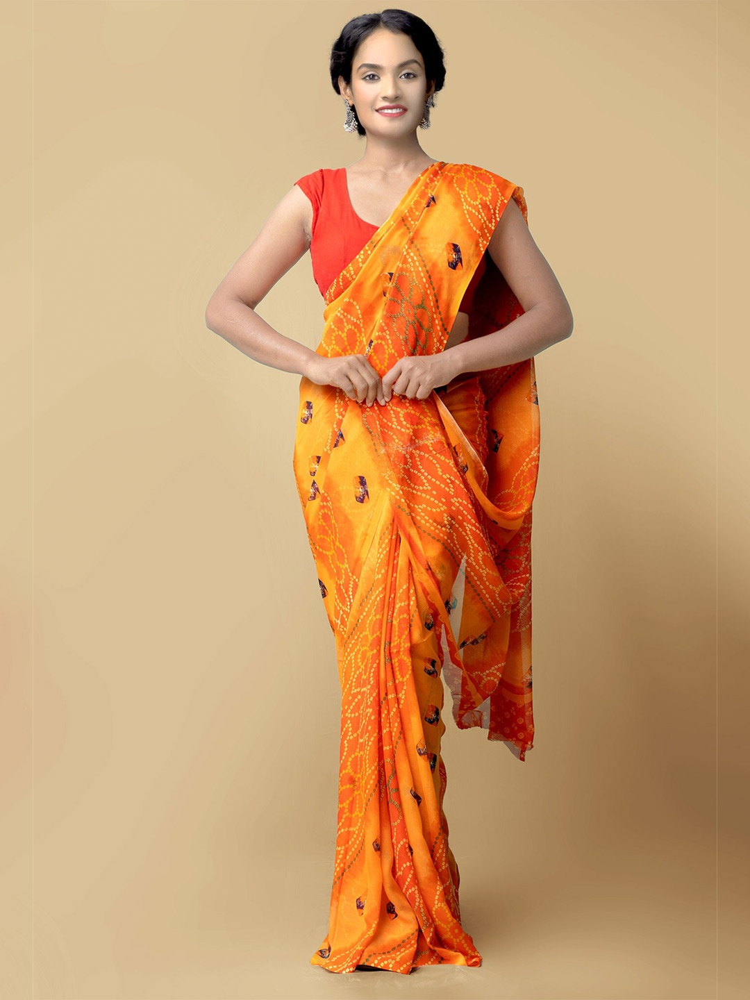 Unnati Silks Bandhani Block Print Saree, Orange