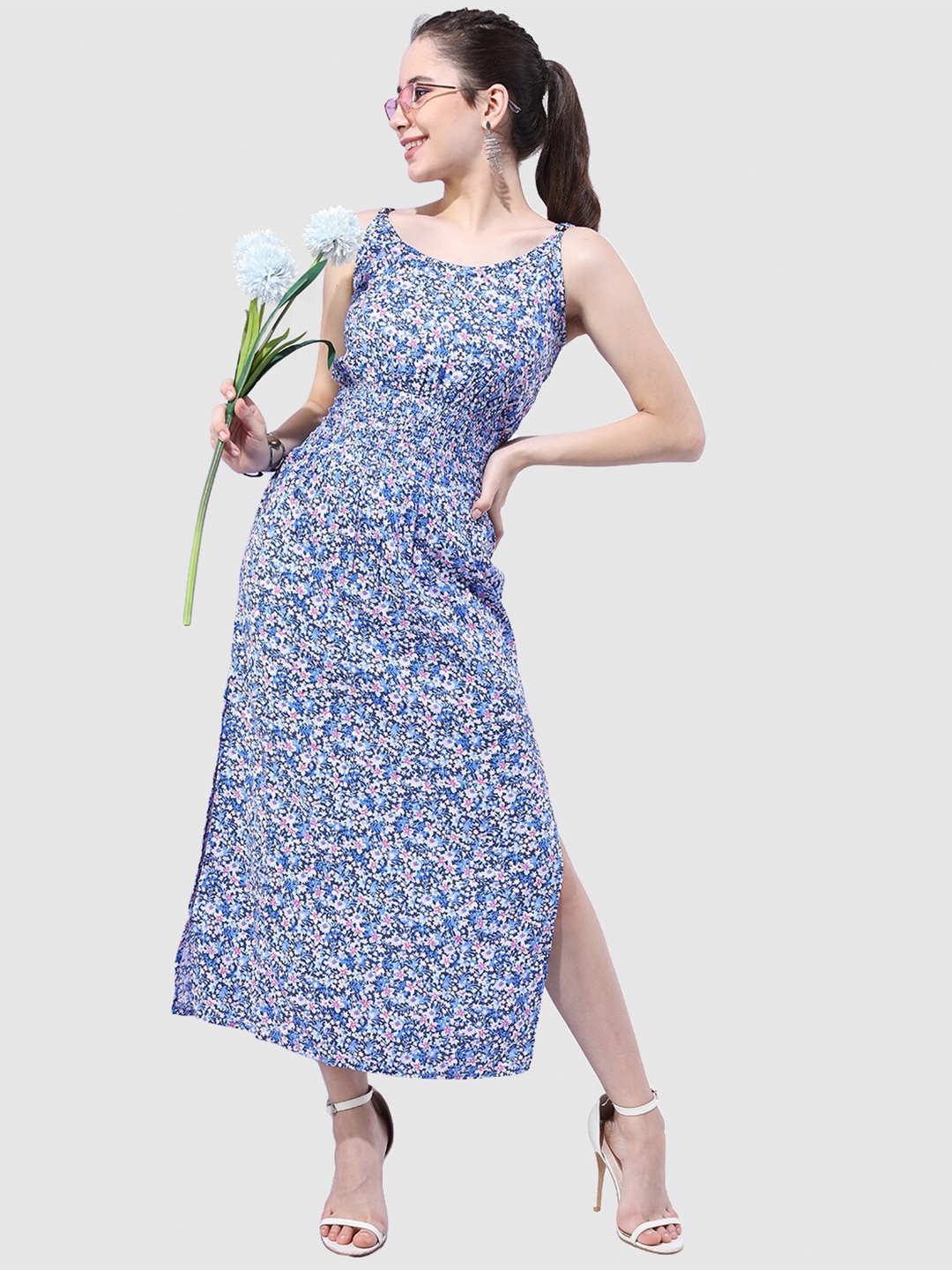 Freehand Blue & Pink Floral Midi Dress