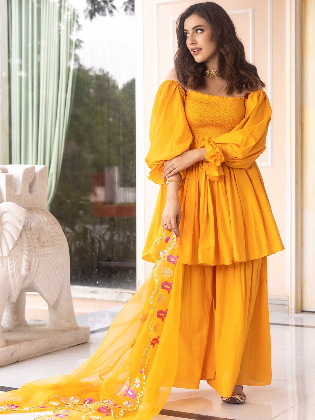 AACHHO Women Elana Embroidered Sharara Set, Yellow