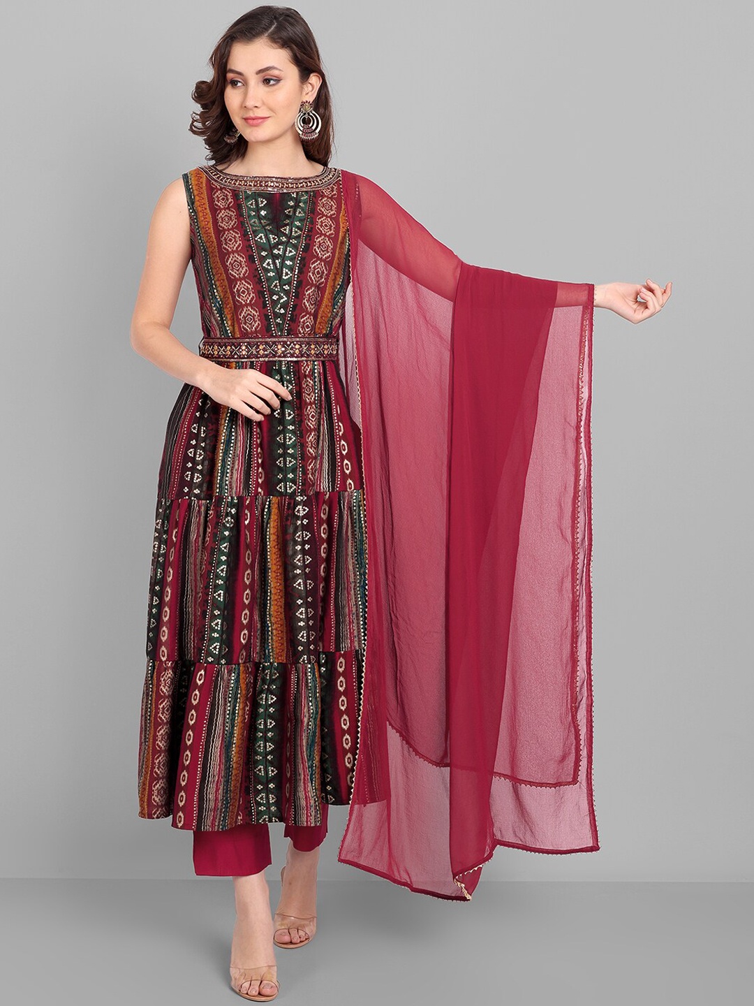 Pakiza Women Ethnic Motifs Printed Tiered Sequinned Kurta with Trousers & Dupatta, Maroon
Pakiza Women Ethnic Motifs Printed Tiered Sequinned Kurta with Trousers & Dupatta, Maroon