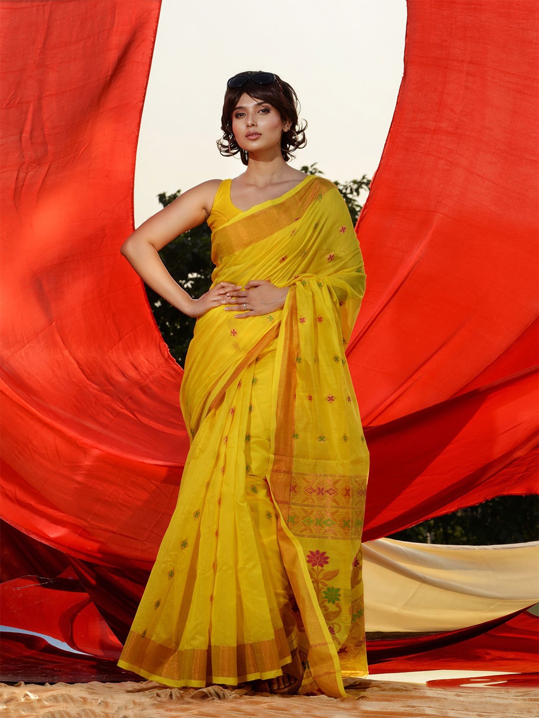 Charukriti Woven Design Zari Saree, Yellow