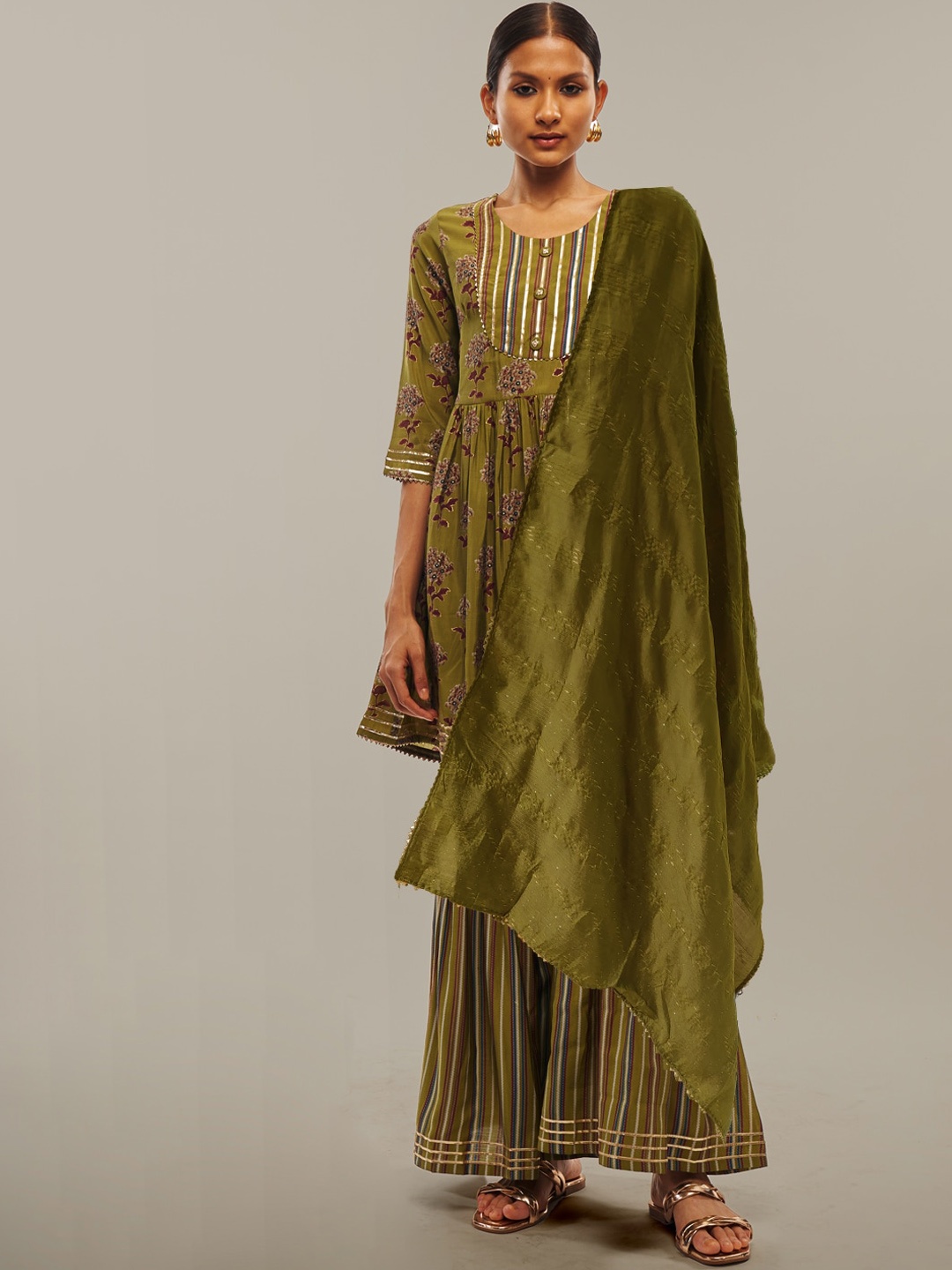 Chhabra 555 Striped Pleated Gotta Patti Chanderi Silk Kurti with Sharara & Dupatta, Green
Chhabra 555 Striped Pleated Gotta Patti Chanderi Silk Kurti with Sharara & Dupatta, Green