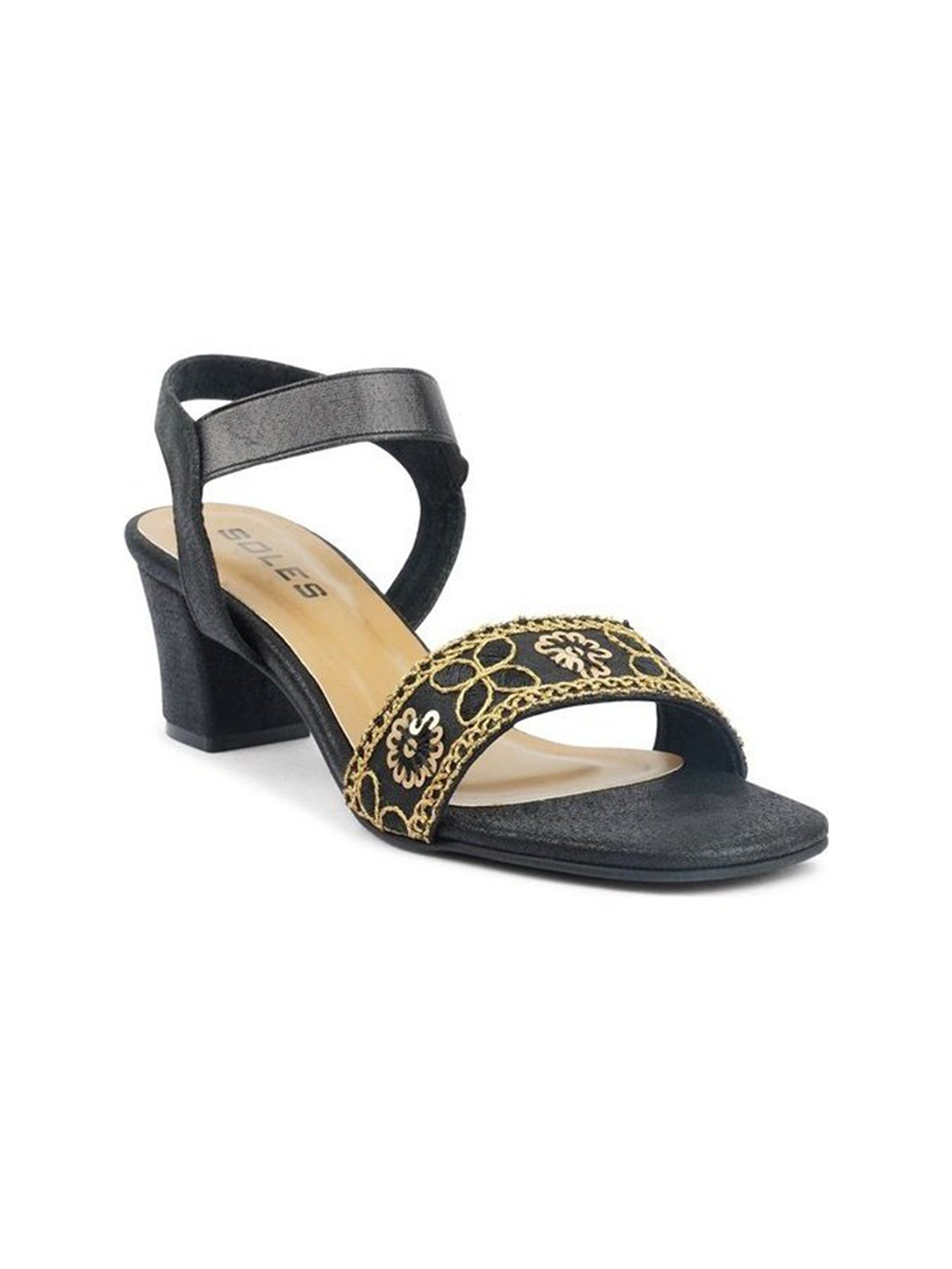 SOLES Black Embellished Ethnic Block Sandals