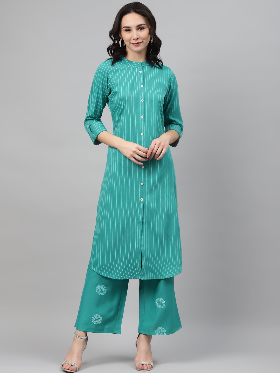 ZIYAA Striped Printed Kurta with Palazzos, Teal