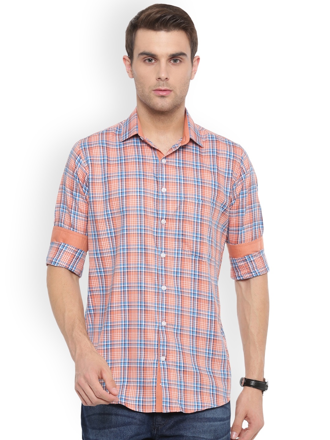 Shaftesbury London Men Orange & Blue Slim Fit Checked Casual Shirt