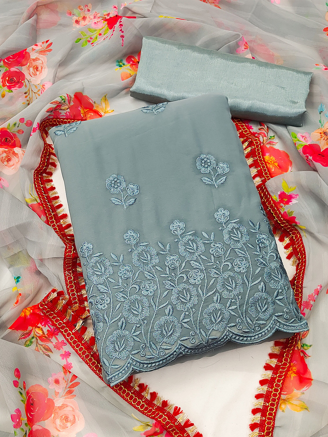 KALINI Embroidered Silk Georgette Unstitched Dress Material, Grey 
KALINI Embroidered Silk Georgette Unstitched Dress Material, Grey