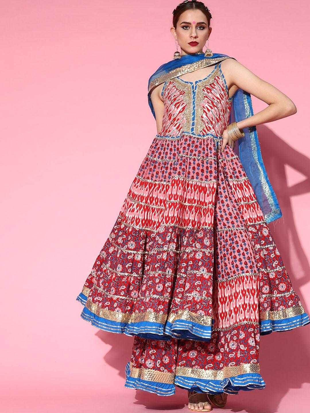 Ishin Floral Printed High Slit Gotta Patti Pure Cotton Kurta with Sharara & With Dupatta, Pink
Ishin Floral Printed High Slit Gotta Patti Pure Cotton Kurta with Sharara & With Dupatta, Pink