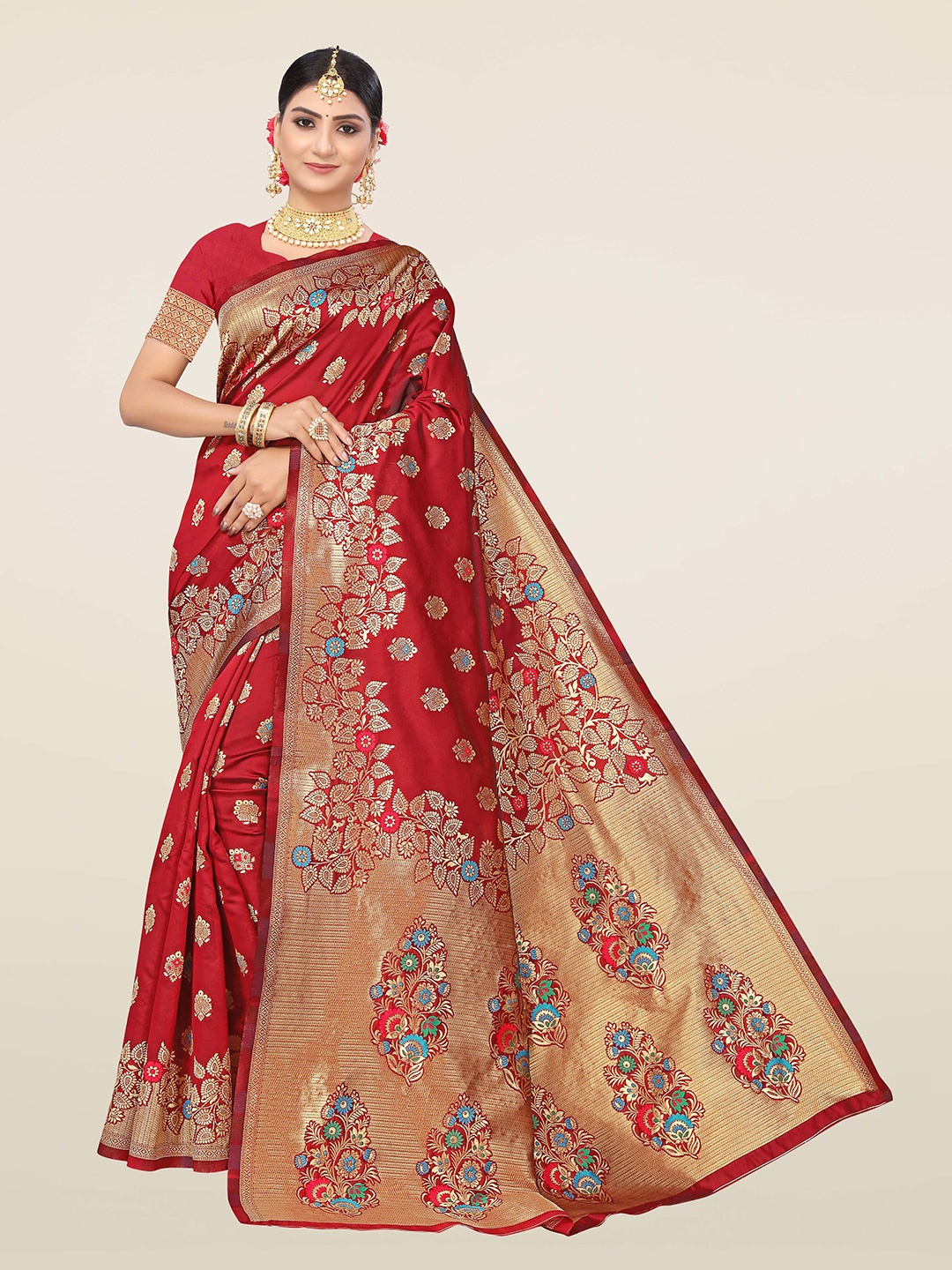 KALINI Floral Zari Silk Blend Banarasi Saree, Maroon