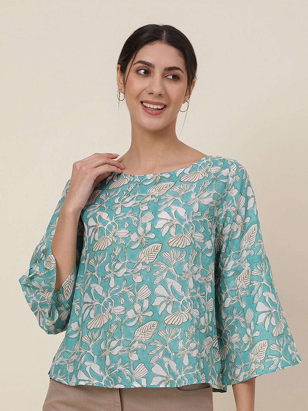 Fabindia Print Boat Neck Tops, Blue