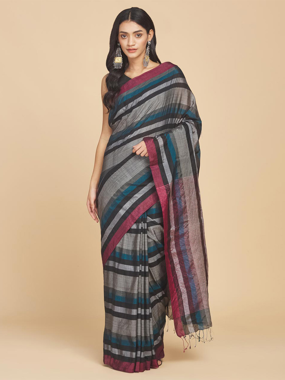 Fabindia Striped Silk Cotton Saree, Grey 
Fabindia Striped Silk Cotton Saree, Grey