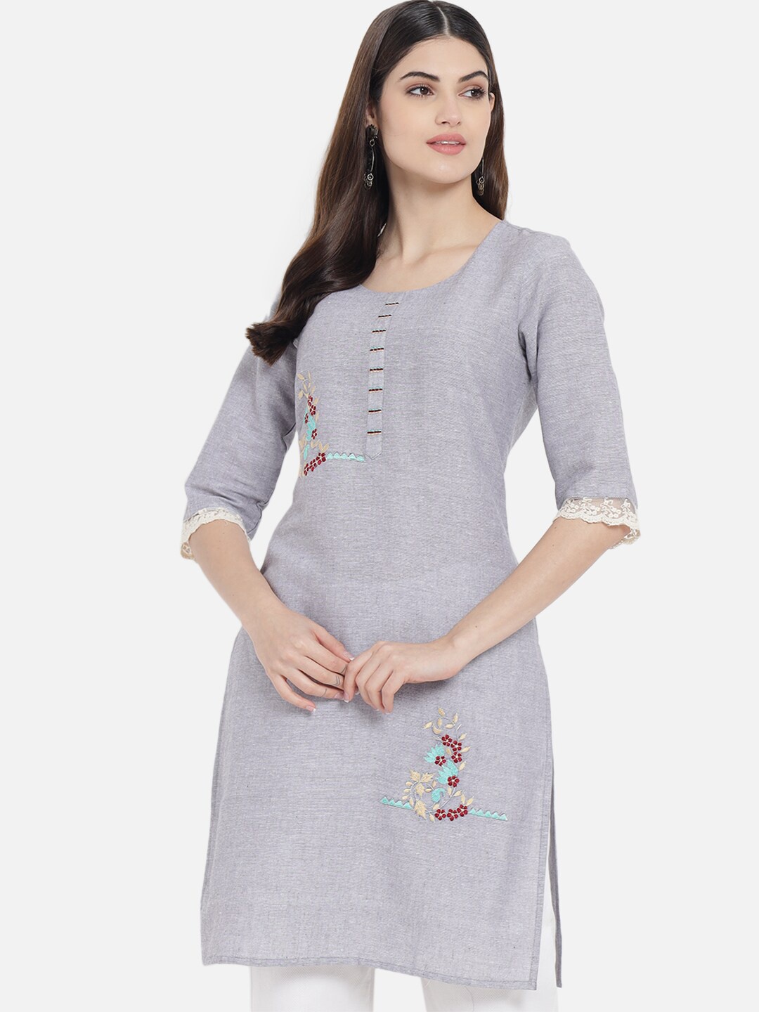 Meeranshi Round Neck Floral Embroidered Thread Work Regular Fit Cotton Kurta, Grey
Meeranshi Round Neck Floral Embroidered Thread Work Regular Fit Cotton Kurta, Grey