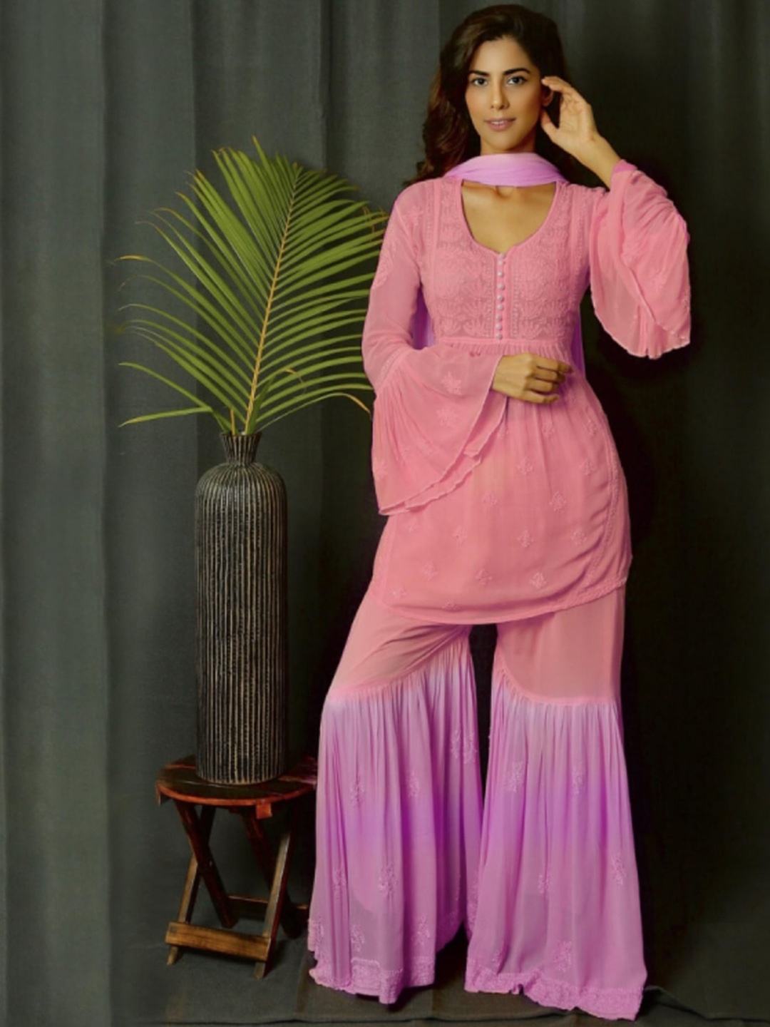 LABEL AISHWARYRIKA Floral Chikankari Silk Georgette Kurta with Sharara & Dupatta, Pink
LABEL AISHWARYRIKA Floral Chikankari Silk Georgette Kurta with Sharara & Dupatta, Pink