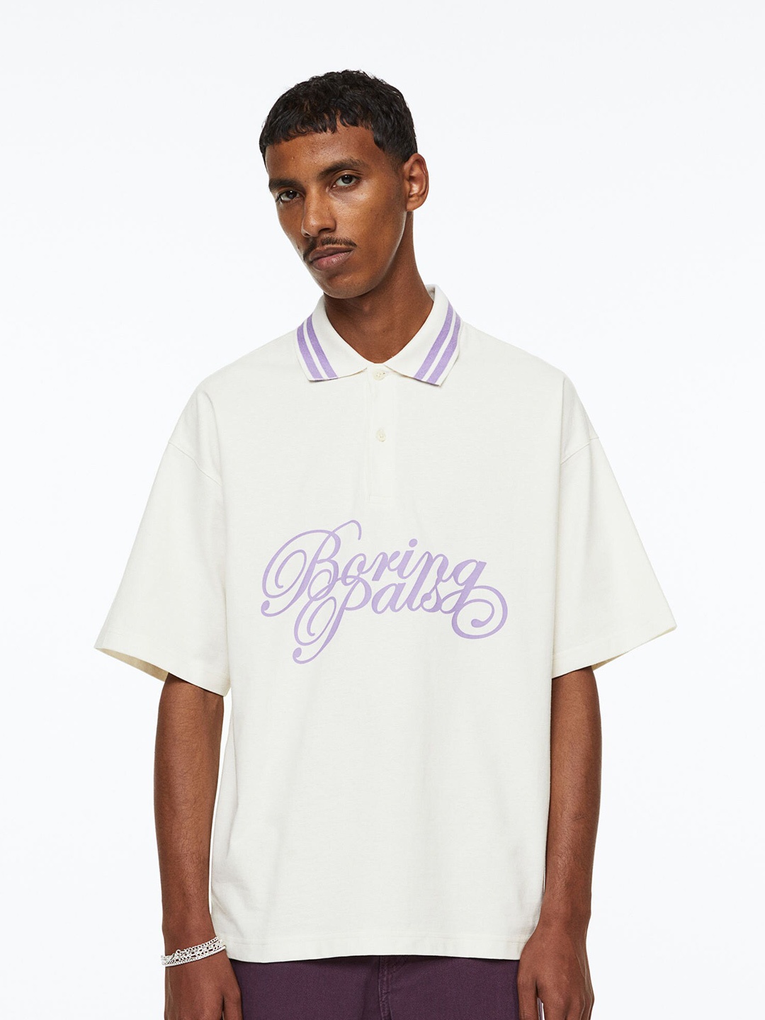 H&M Men Oversized Fit Polo Shirt, Off white