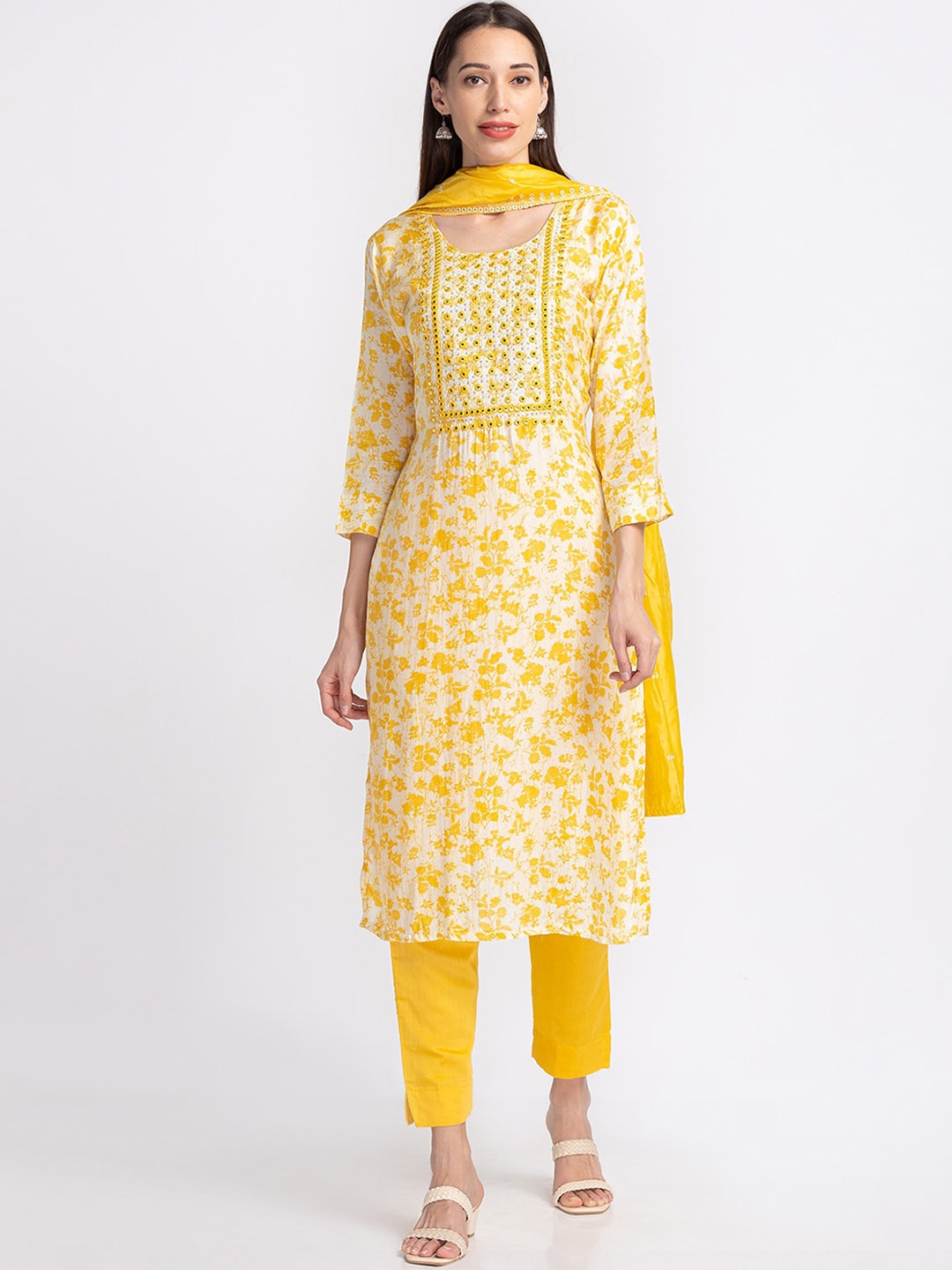 Neerus Floral Printed Thread Work Silk Georgette Kurta with Trousers & Dupatta, Yellow
Neerus Floral Printed Thread Work Silk Georgette Kurta with Trousers & Dupatta, Yellow