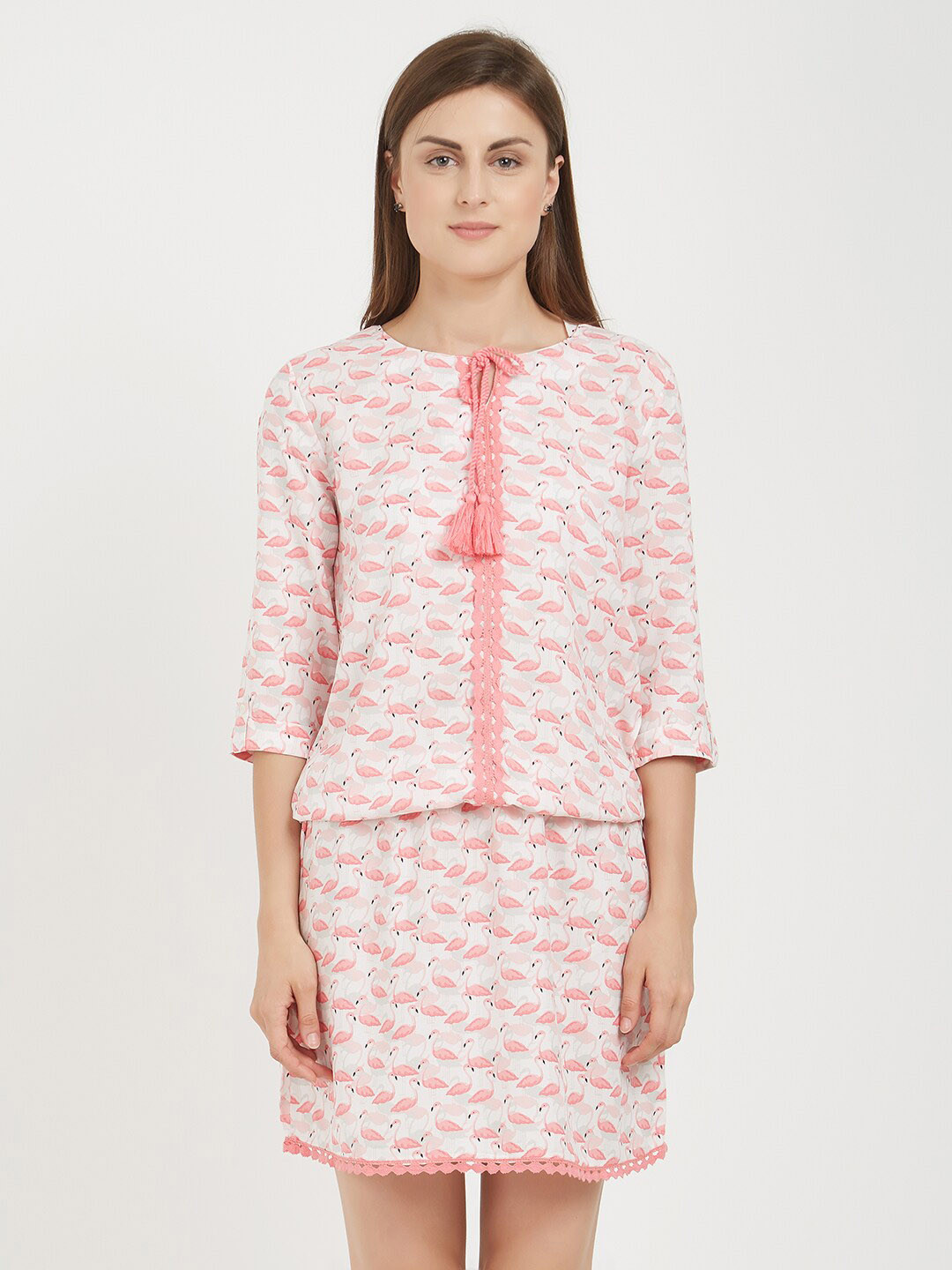 Soie Flamingo printed Knee Length Nightdress, Pink 
Soie Flamingo printed Knee Length Nightdress, Pink