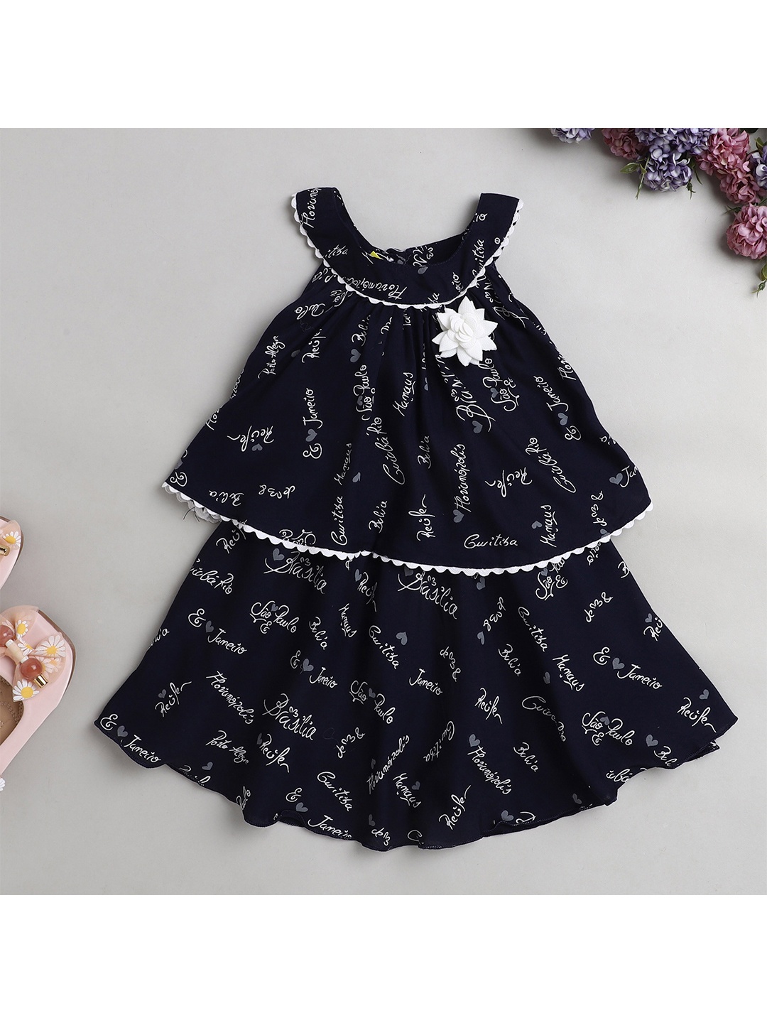 The Magic Wand Girls Printed A-Line Dress, Navy blue