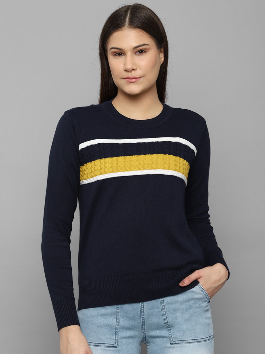 Allen Solly Woman Striped Striped Cotton Pullover, Navy blue
Allen Solly Woman Striped Striped Cotton Pullover, Navy blue