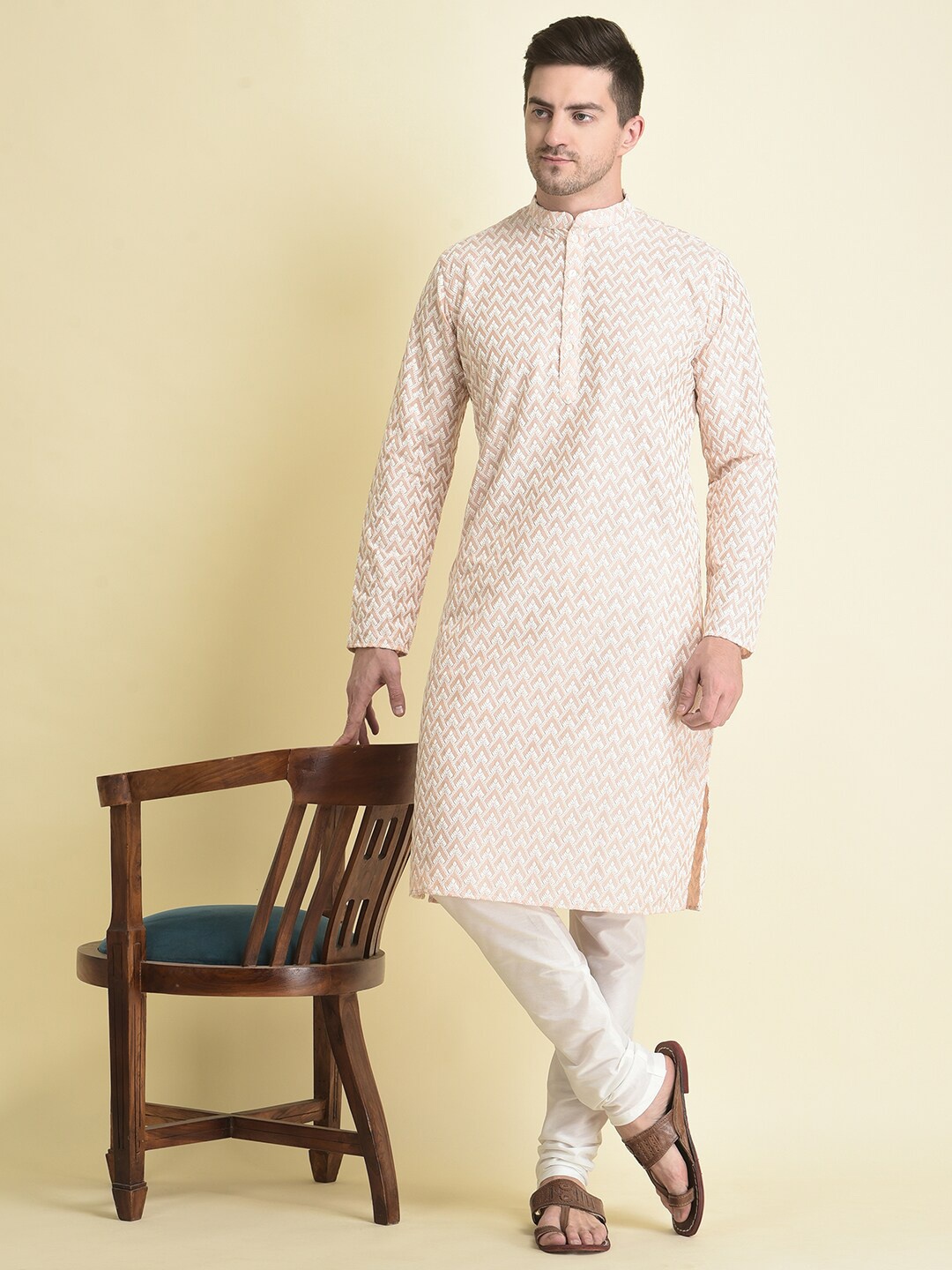 TABARD Men Chikankari Embroidered Thread Work Pure Cotton Kurta with Churidar, Peach
TABARD Men Chikankari Embroidered Thread Work Pure Cotton Kurta with Churidar, Peach