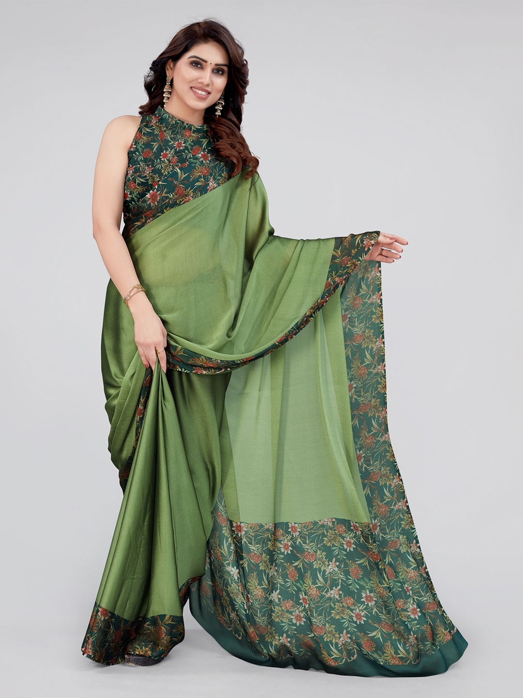 KALINI Printed Border Saree, Green