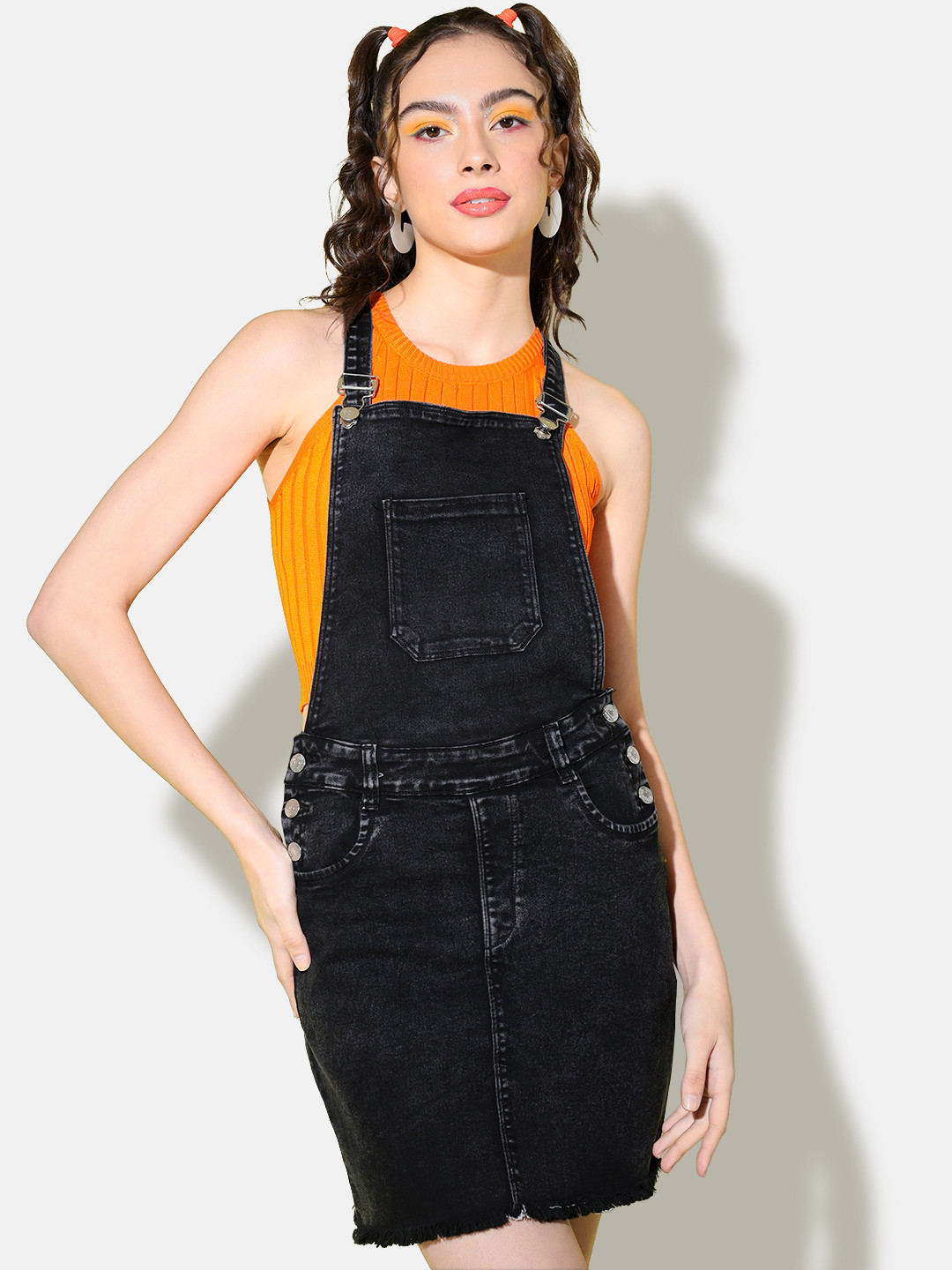 BUY NEW TREND Women Denim Dungaree Skirt, Black 
BUY NEW TREND Women Denim Dungaree Skirt, Black