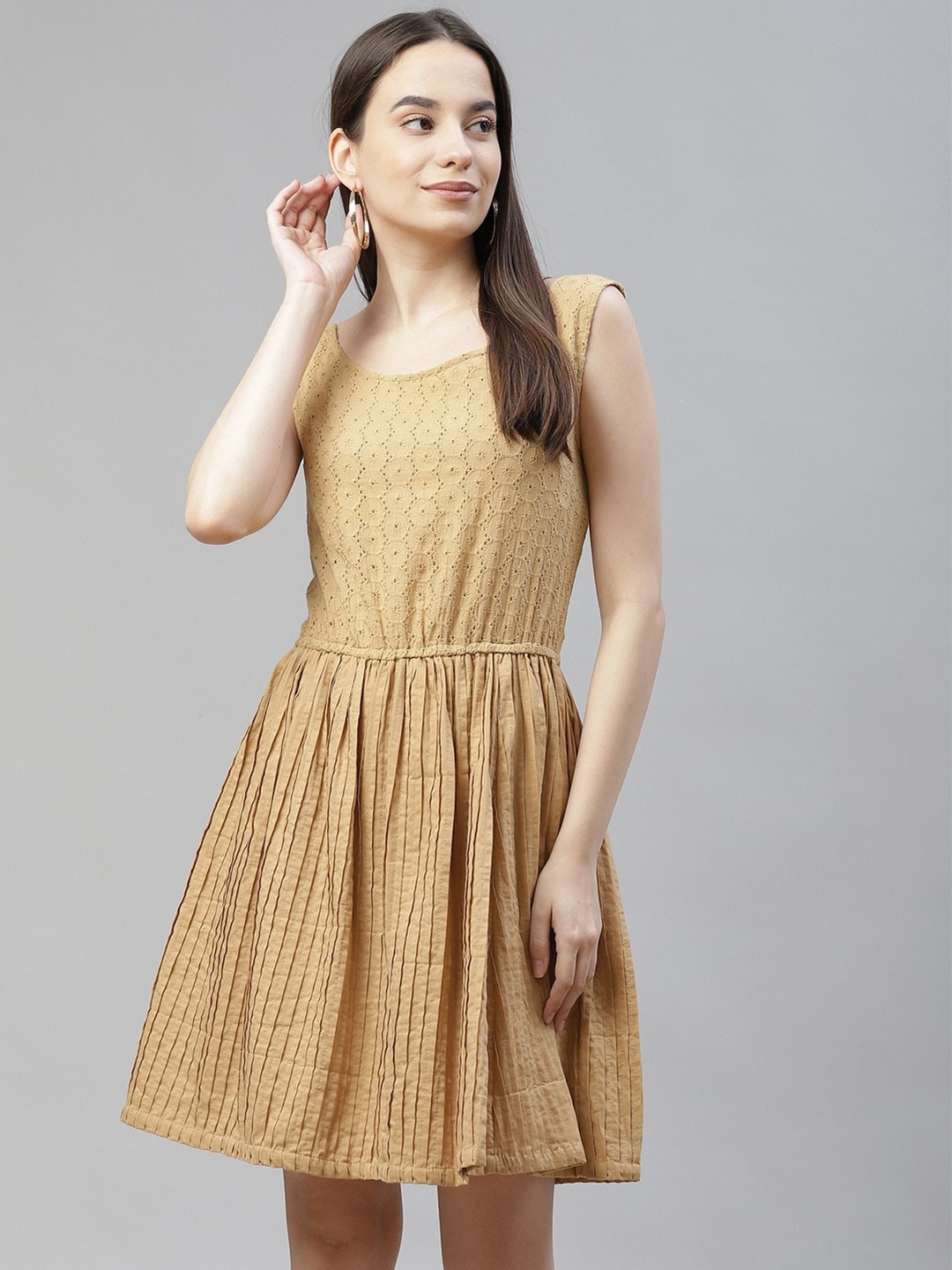 RIVI Self Design Cotton Fit and Flare Dress, Beige