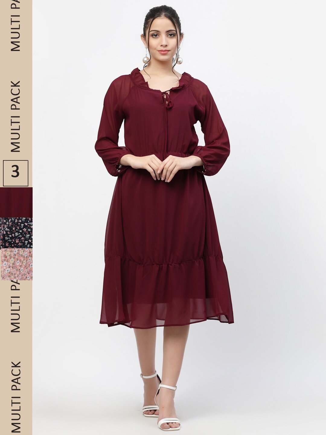 MISS AYSE Pack Of 3 Tie-Up Neck Georgette A-Line Midi Dresses, Maroon