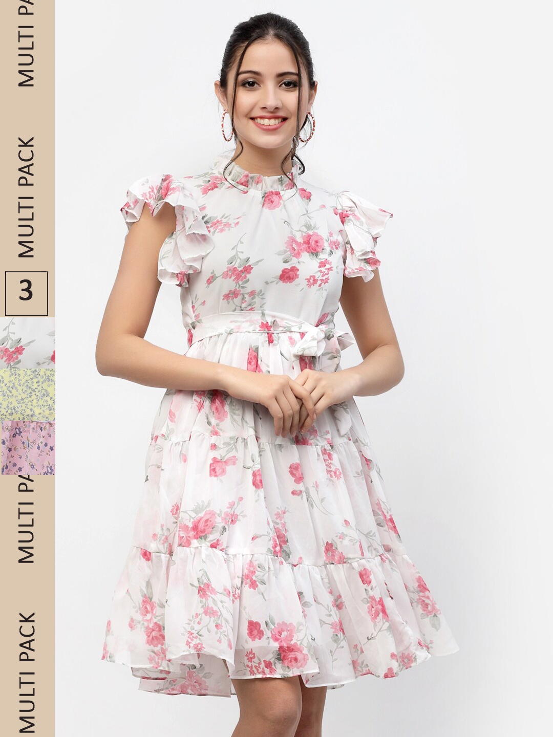 MISS AYSE Pack Of 3 Floral Printed Georgette Fit and Flare Dresses, White