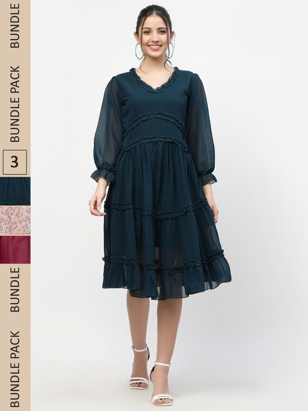 MISS AYSE Pack of 3 Fit & Flare Georgette Dress, Blue