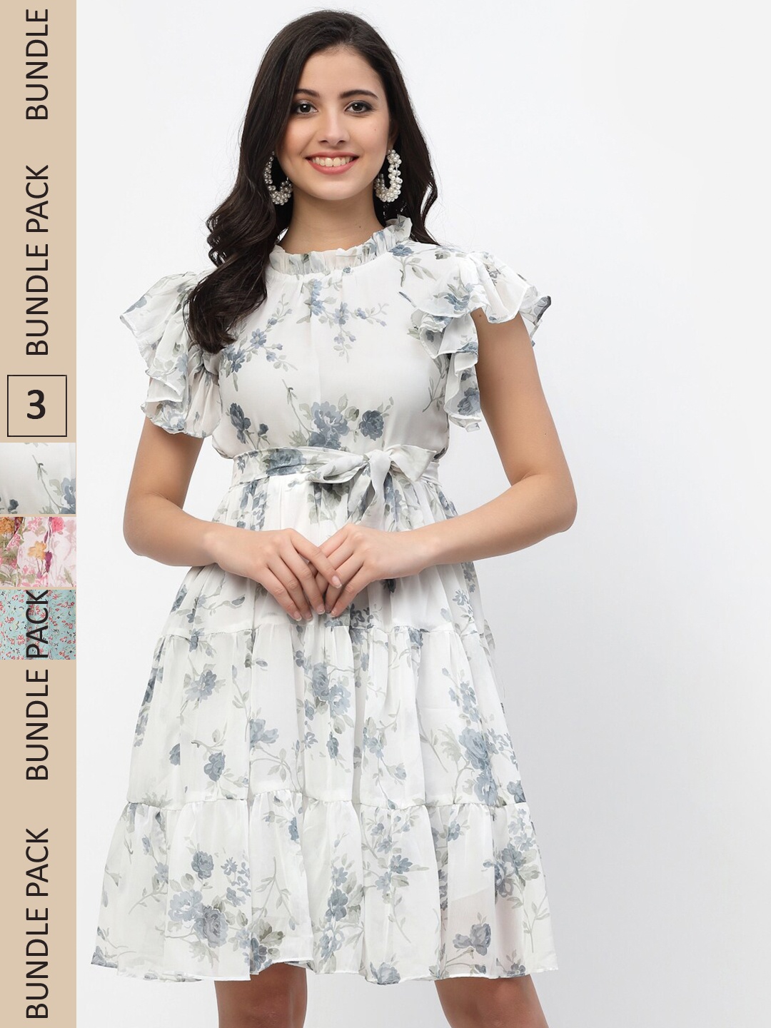 MISS AYSE Pack Of 3 Floral Georgette Dress, White