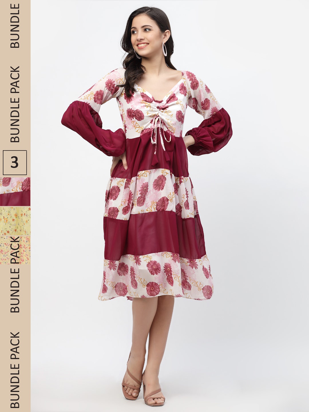 MISS AYSE Pack Of 3 Floral Georgette Midi Dress, Maroon