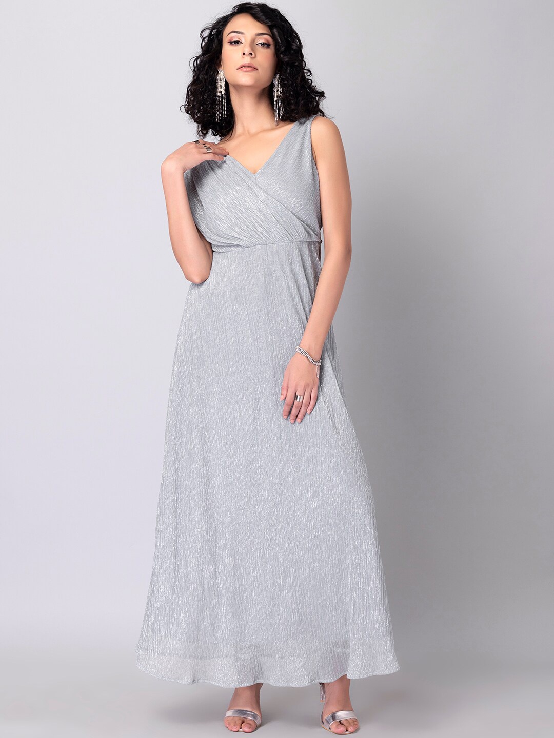 FabAlley V-Neck Flared Maxi Dress, Silver