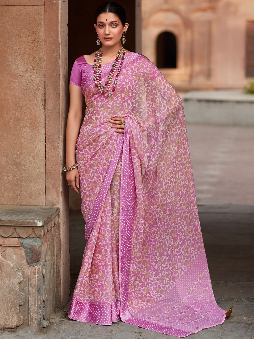 Saree mall Floral Pure Chiffon Sarees, Pink