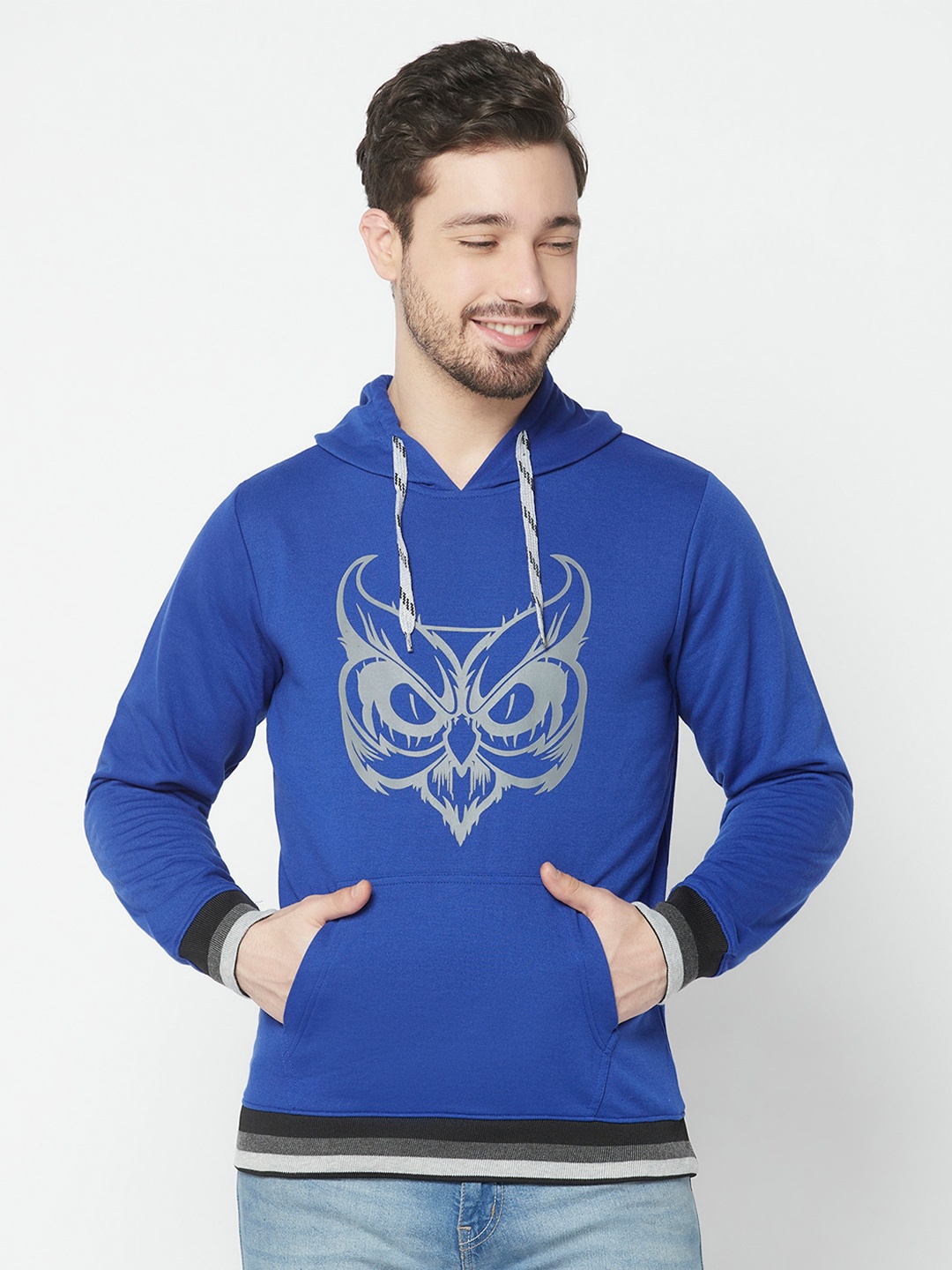 ELEGANCE Men Printed Hooded Sweatshirt, Blue