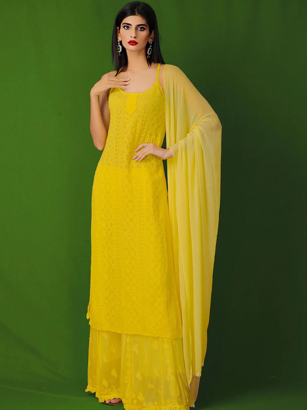 LABEL AISHWARYRIKA Women Yellow Floral Embroidered Thread Work Handloom Georgette Kurta